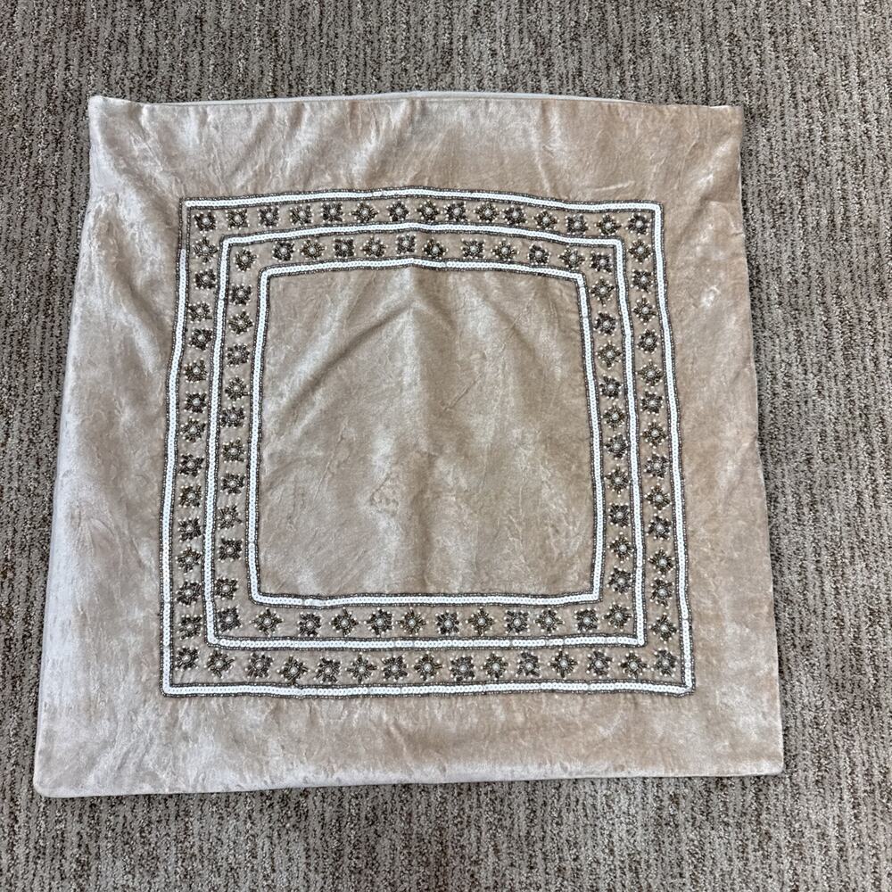 Pier 1 Blush Champaign Beige Velvet Embroidered Beaded Pillow Sham Cover